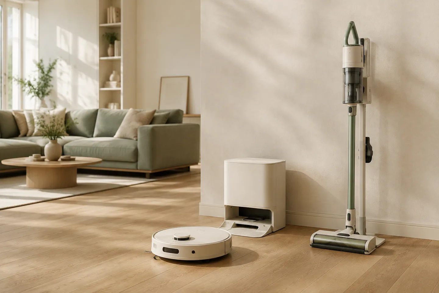 Illustration d’un robot et d’un aspirateur balai génériques dans un salon aux tons naturels
