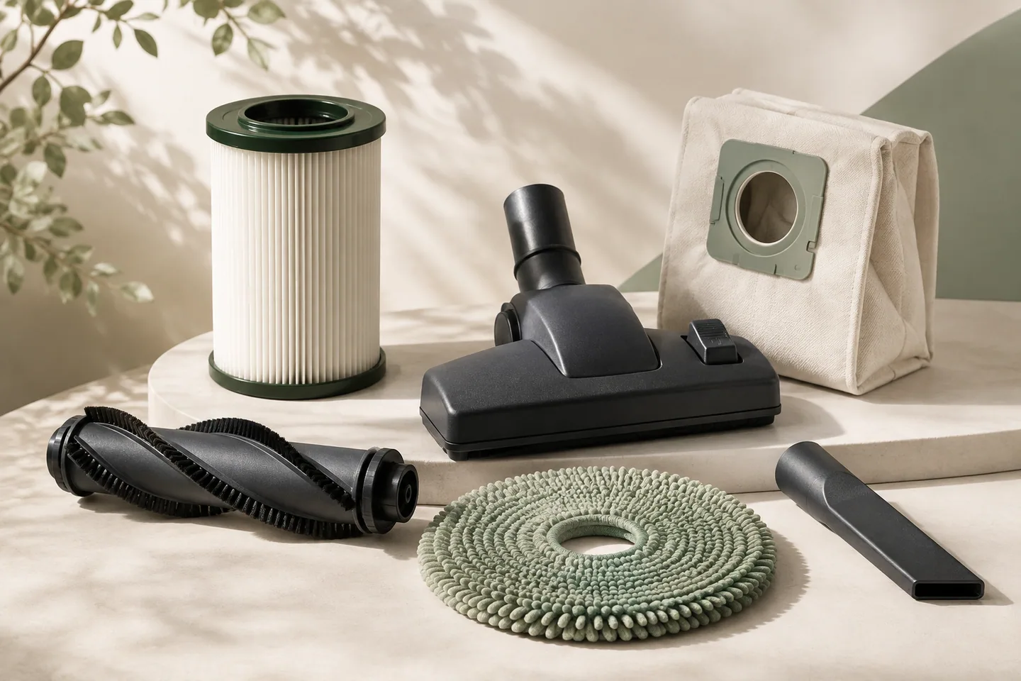 Filtres, brosse, sac et accessoires d’aspirateur disposés sur un fond ivoire